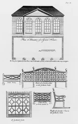 Plan und Aufriss eines Gewächshauses und Gartengestaltungen im gotischen Stil, aus 